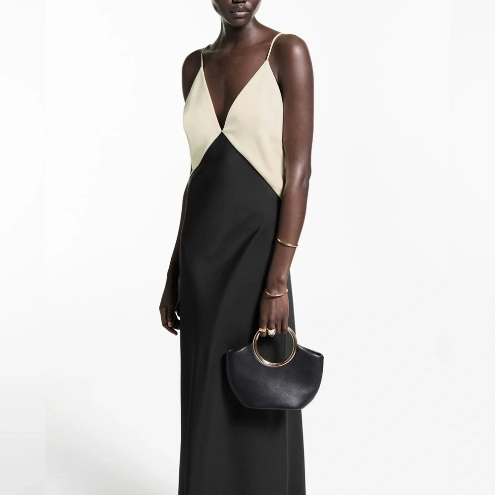 Mango Two-Tone Lingerie Maxi Dress Black Cream Colorblock NWT Size‎ M - Picture 2 of 13